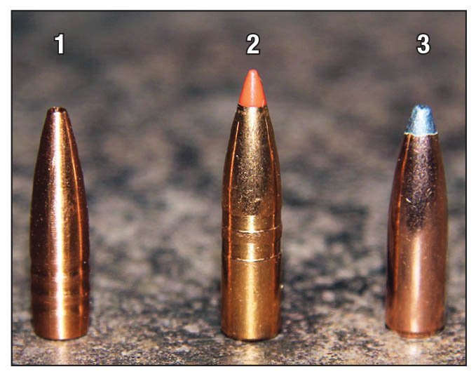 Light bullets handloaded for testing from the rifle included: (1) Hammer Bullet’s 70-grain Hammer Hunter, (2) Hornady’s 80-grain GMX and (3) Nosler’s 85-grain Partition.